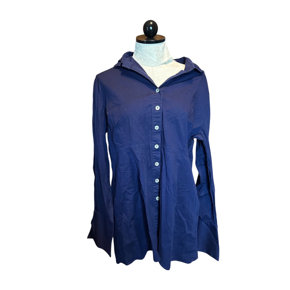 Soft Surroundings Navy Blue Button Down Tunic Shirt Pleated Back Cotton XL